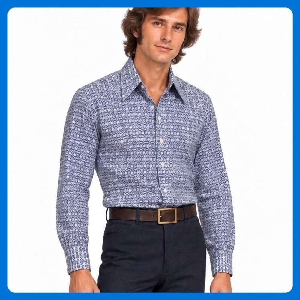 Bond Street Disco Shirt Men 15 - 15.5 M Blue Poly Cotton Button Up Dagger 70s